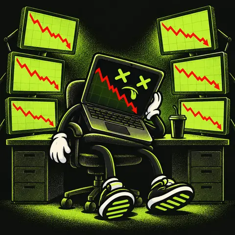 LAPFLOP slumped at a desk surrounded by six monitors with falling charts.
