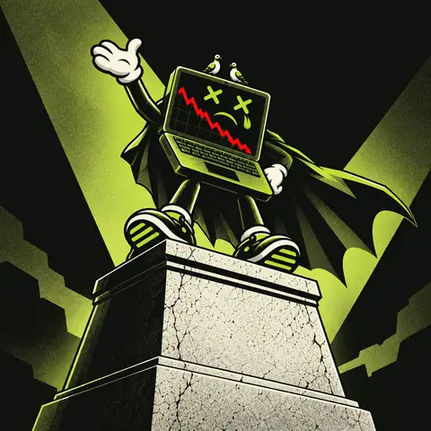 A caped LAPFLOP statue on a stone plinth with two tiny pigeons perched on its screen.