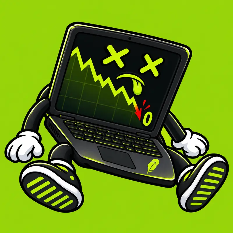 LAPFLOP, a charcoal laptop with crossed-out eyes, white gloves and a falling chart