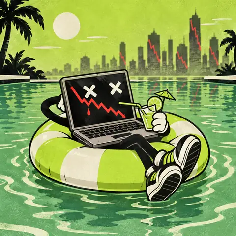LAPFLOP reclining on a pool float with crossed sneakers and a drink, while falling charts cover the distant city skyline.